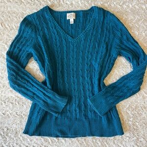 Vibrant blue cable knit sweater with v neck
